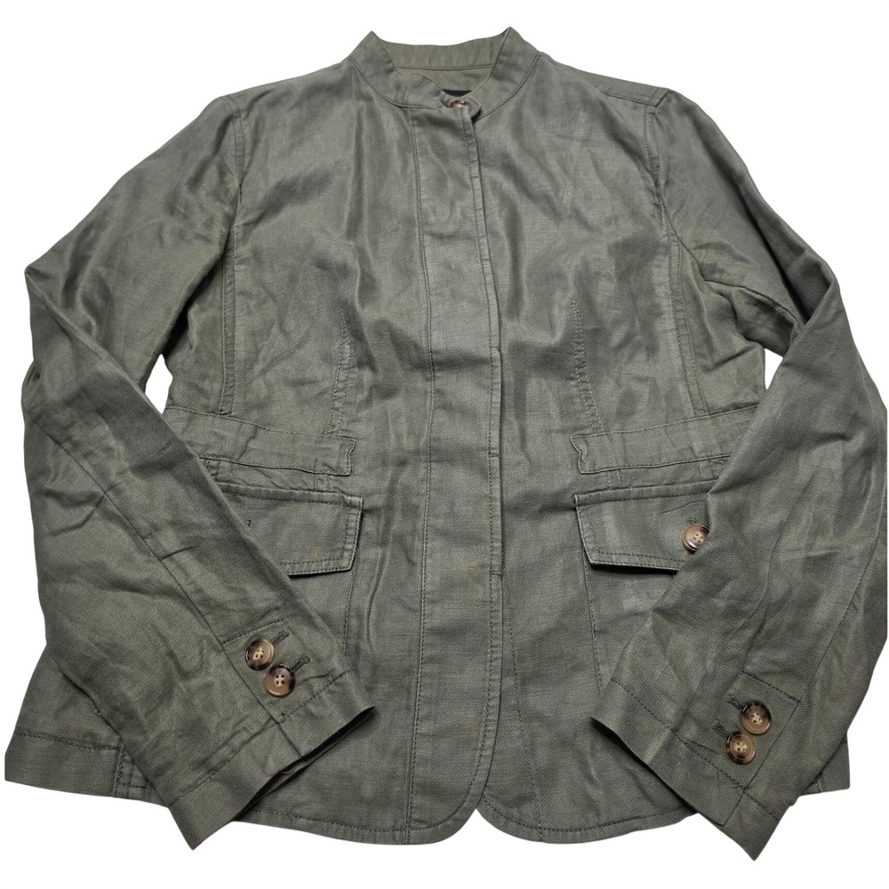 Talbots Womens Olive Green Linen Cotton Utility Field Jacket Size S Mandarin Col